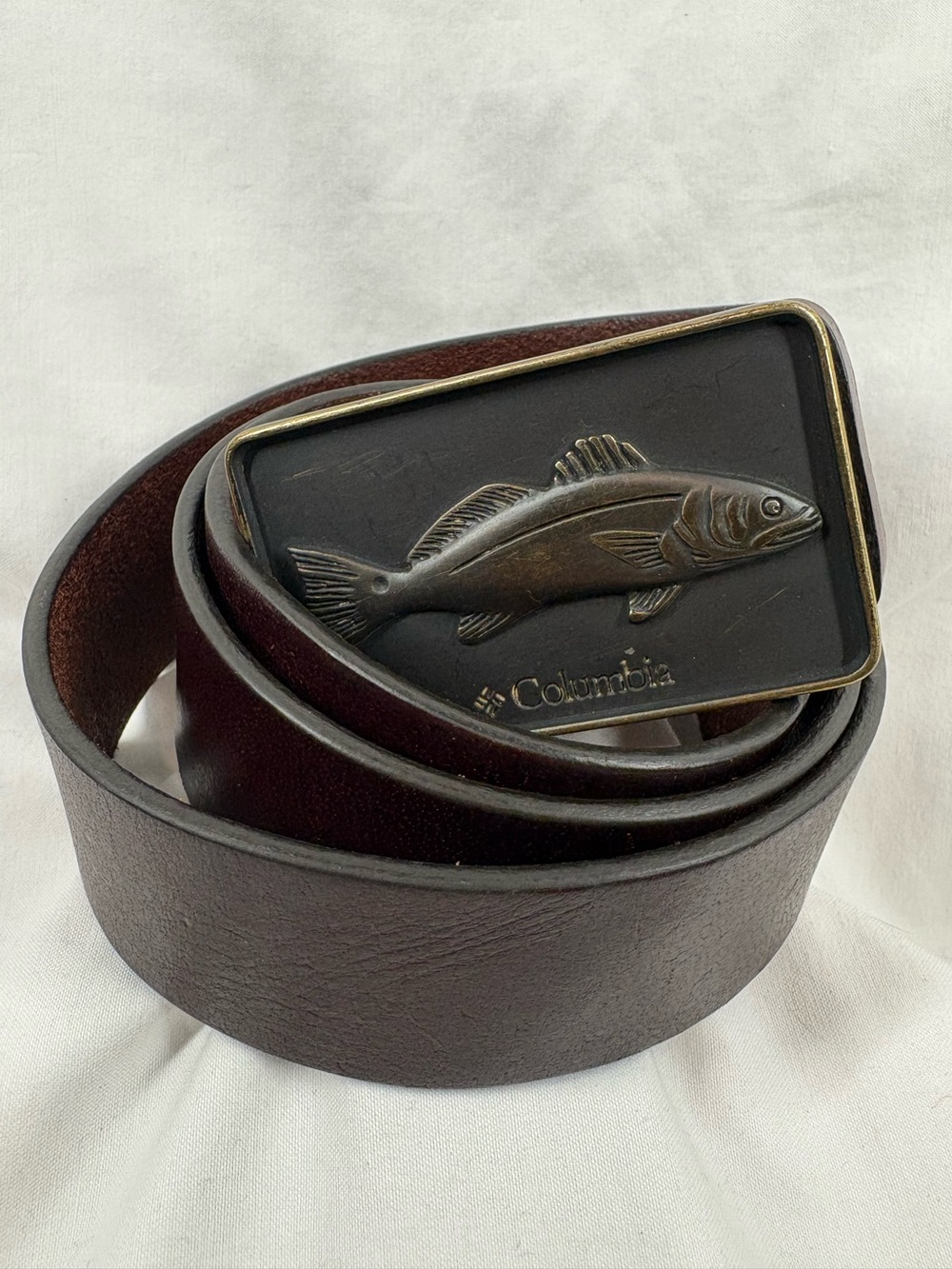 Columbia Genuine Leather Fish Buckle Belt Brown Size 38 Outdoor Fishing